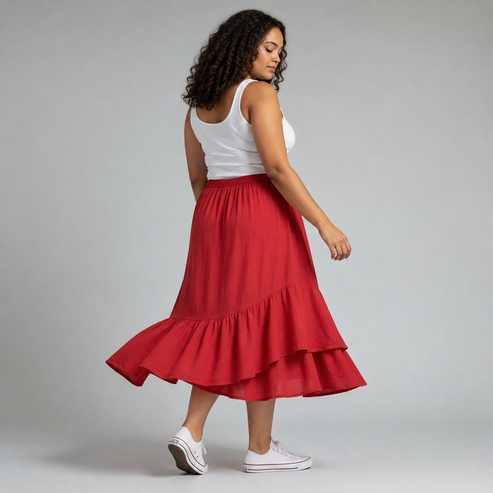 B. Hadikusumo Red Linen Maxi Skirt Ruffle Hem Elastic Waist M Lagenlook Boho